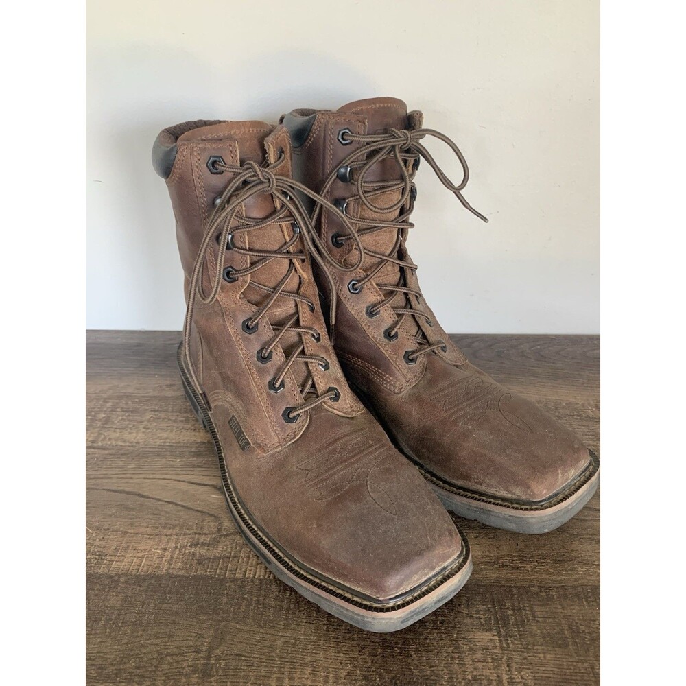 Justin Work Boots Steel Toe SE682 8” Stampede Brown Leather Sz 10.5 D Square Toe